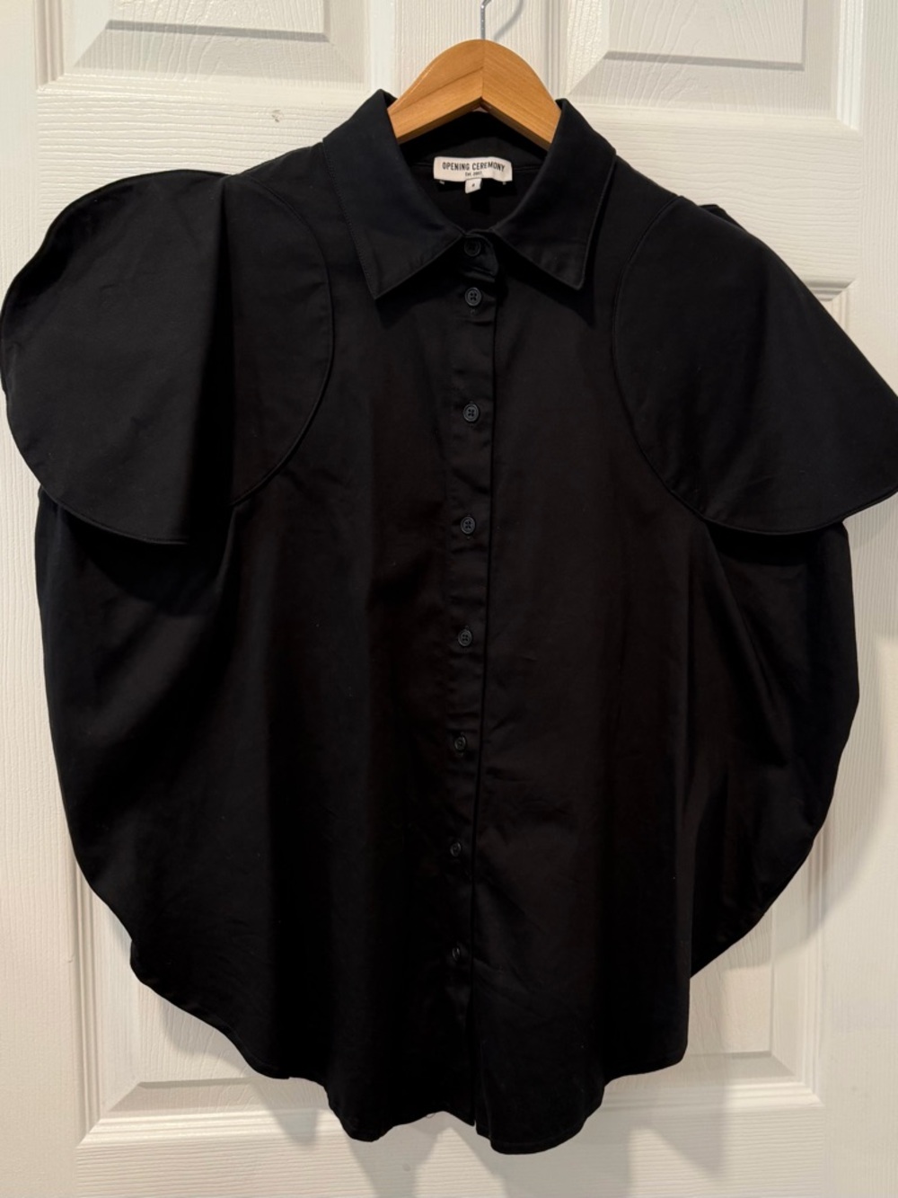 Opening Ceremony Black Capped -Sleeve Button-Down Shirt Stretch Scalloped Hem